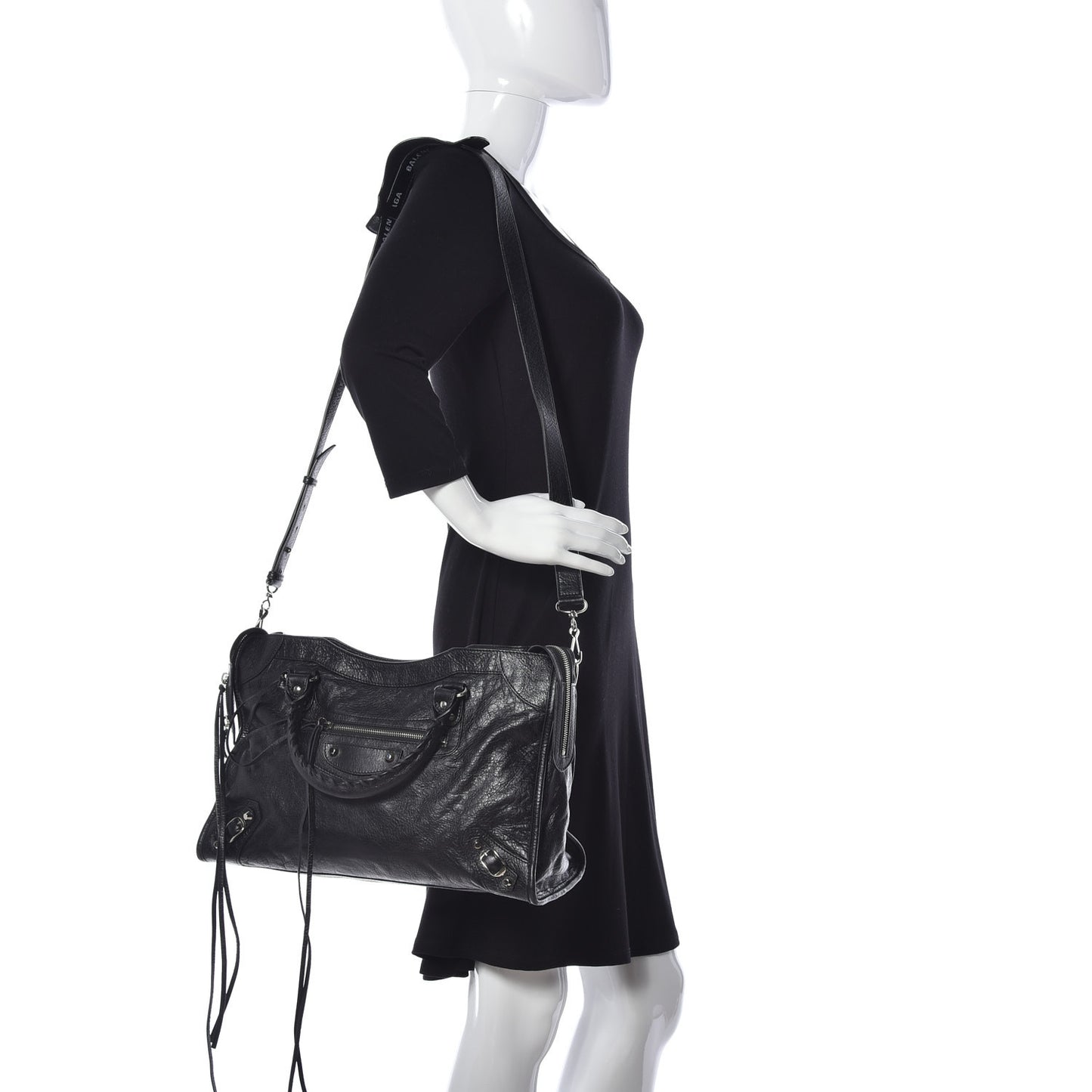 Agneau Classic Silver Hardware City Logo Strap Black White
