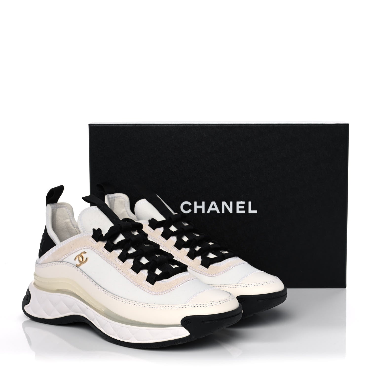 Chanel Velvet Calfskin Mixed Fibers CC Sneakers 38.5 Ivory Black 9 of 9