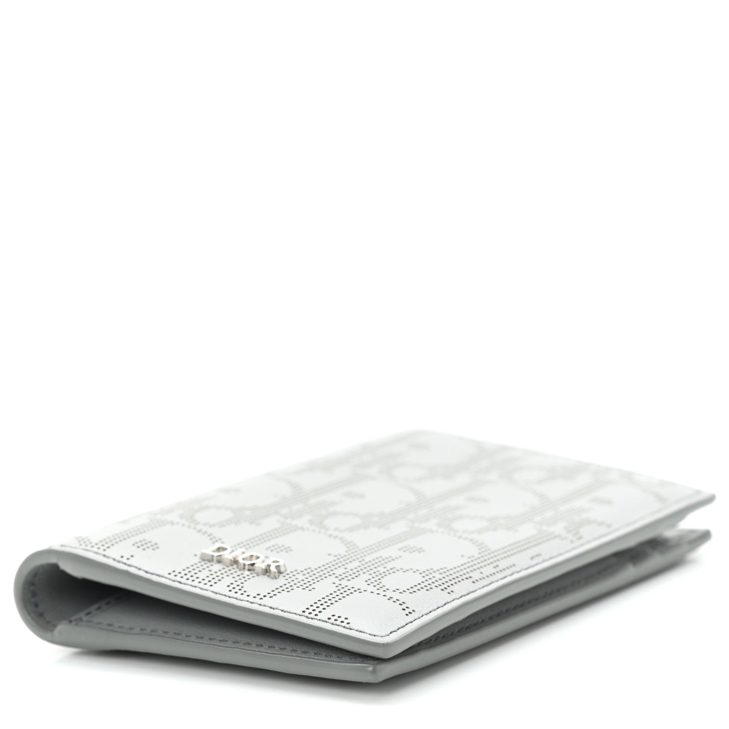Calfskin Perforated Oblique Bi-Fold Card Holder Grey