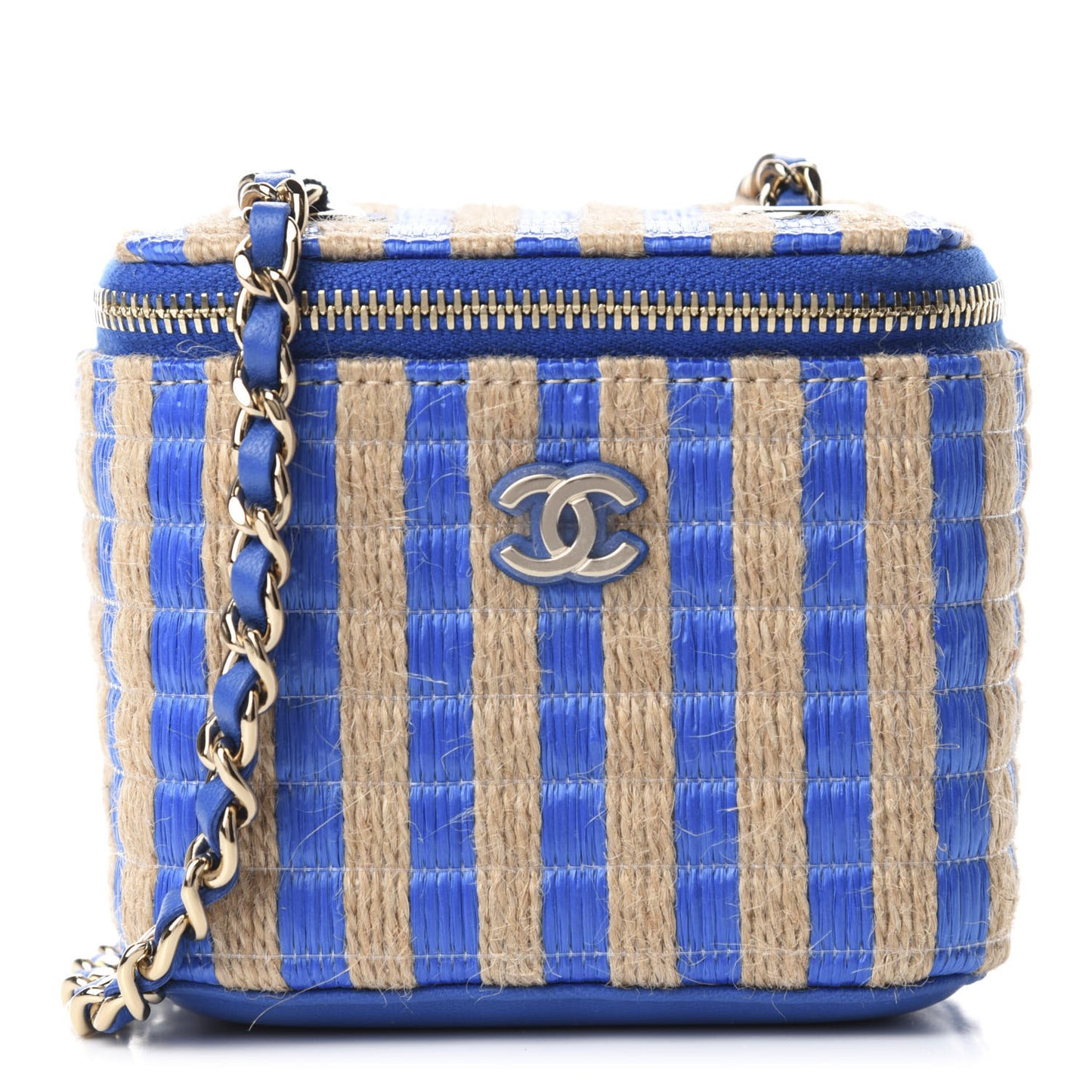 Raffia Jute Striped Mini Vanity Case With Chain Blue Beige