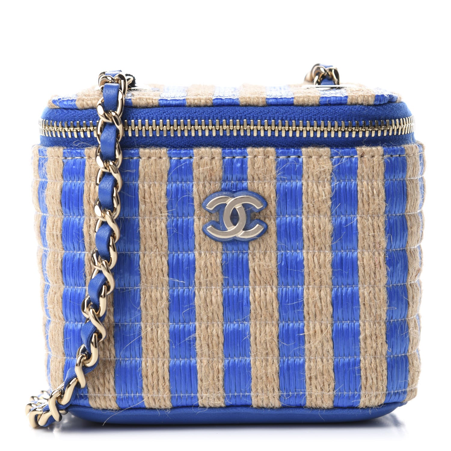 Chanel Raffia Jute Striped Mini Vanity Case With Chain Blue Beige 1 of 11