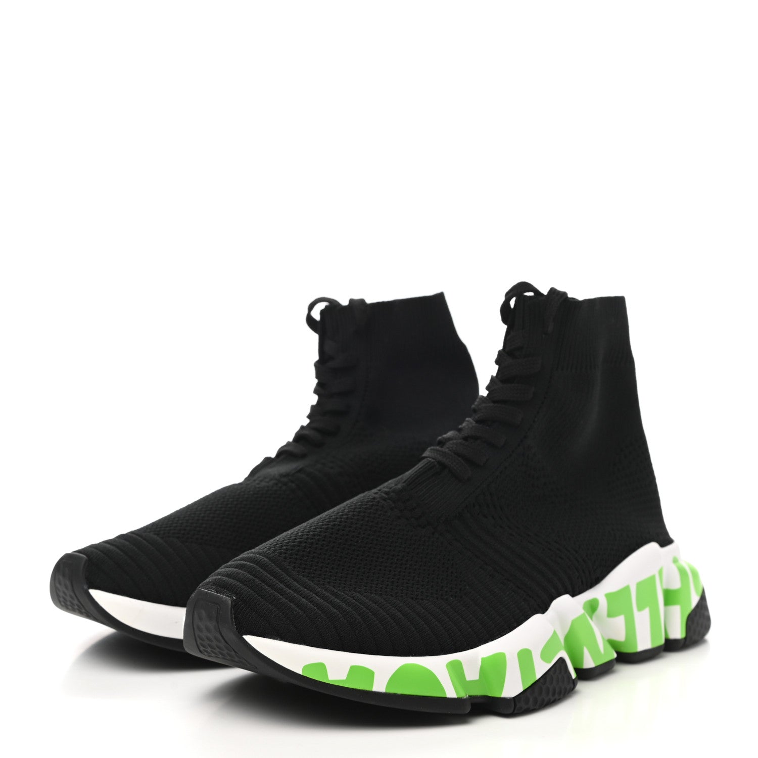 Balenciaga Knit Womens Speed Lace Up Graffiti Sneakers 37 Black White Fluo Green 3 of 8