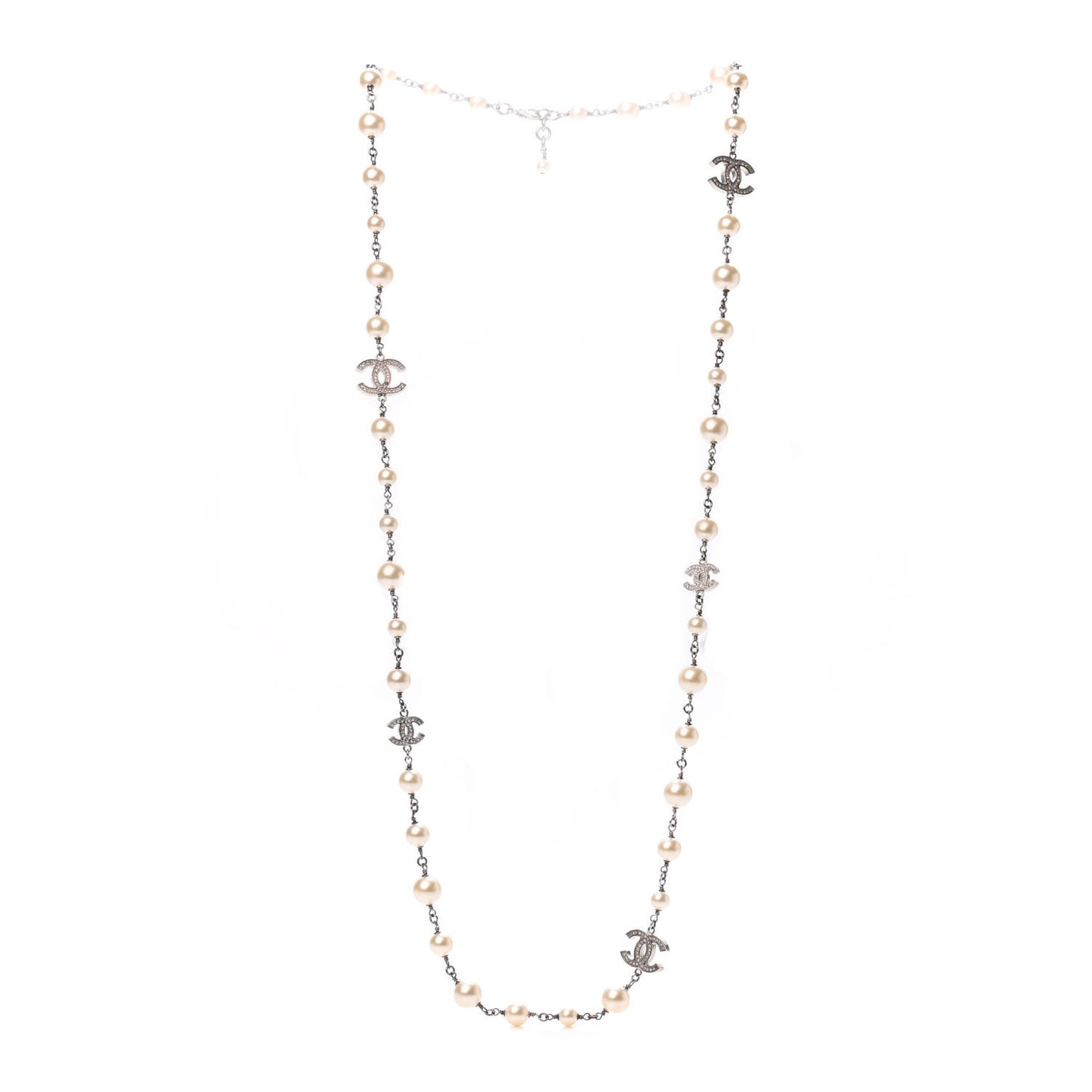 Crystal Pearl CC Long Necklace Silver