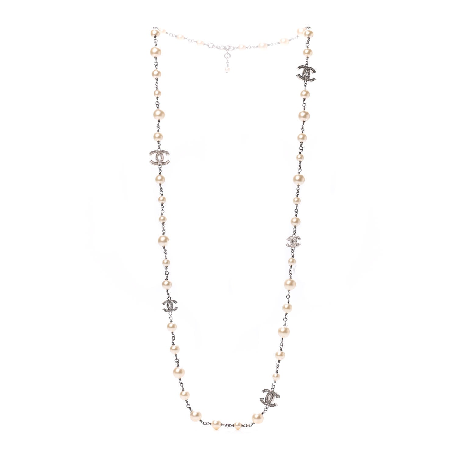 Chanel Crystal Pearl CC Long Necklace Silver 2 of 4