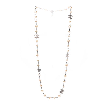 Chanel Crystal Pearl CC Long Necklace Silver 2 of 4