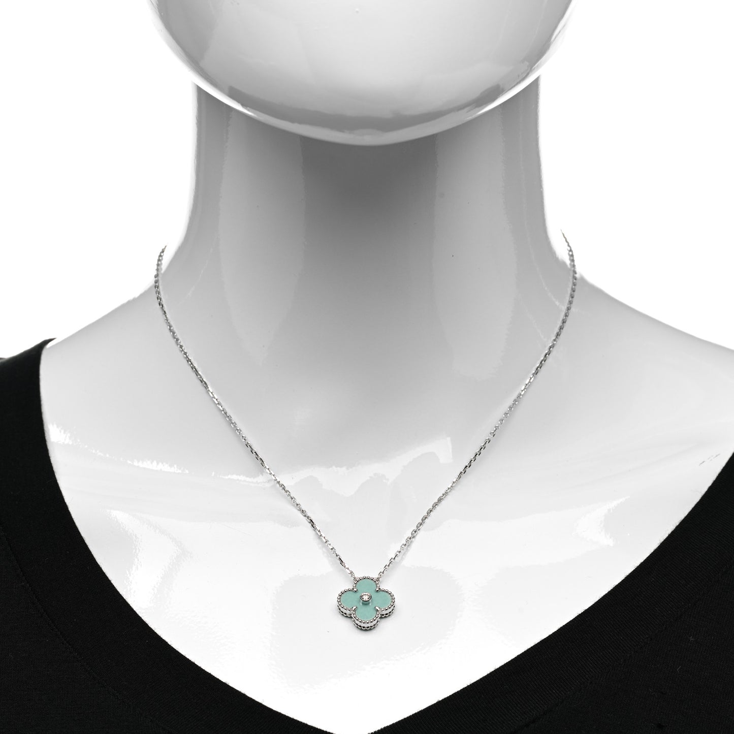 18K White Gold Diamond Celadon Green Sevres Porcelain Vintage Alhambra Pendant Necklace