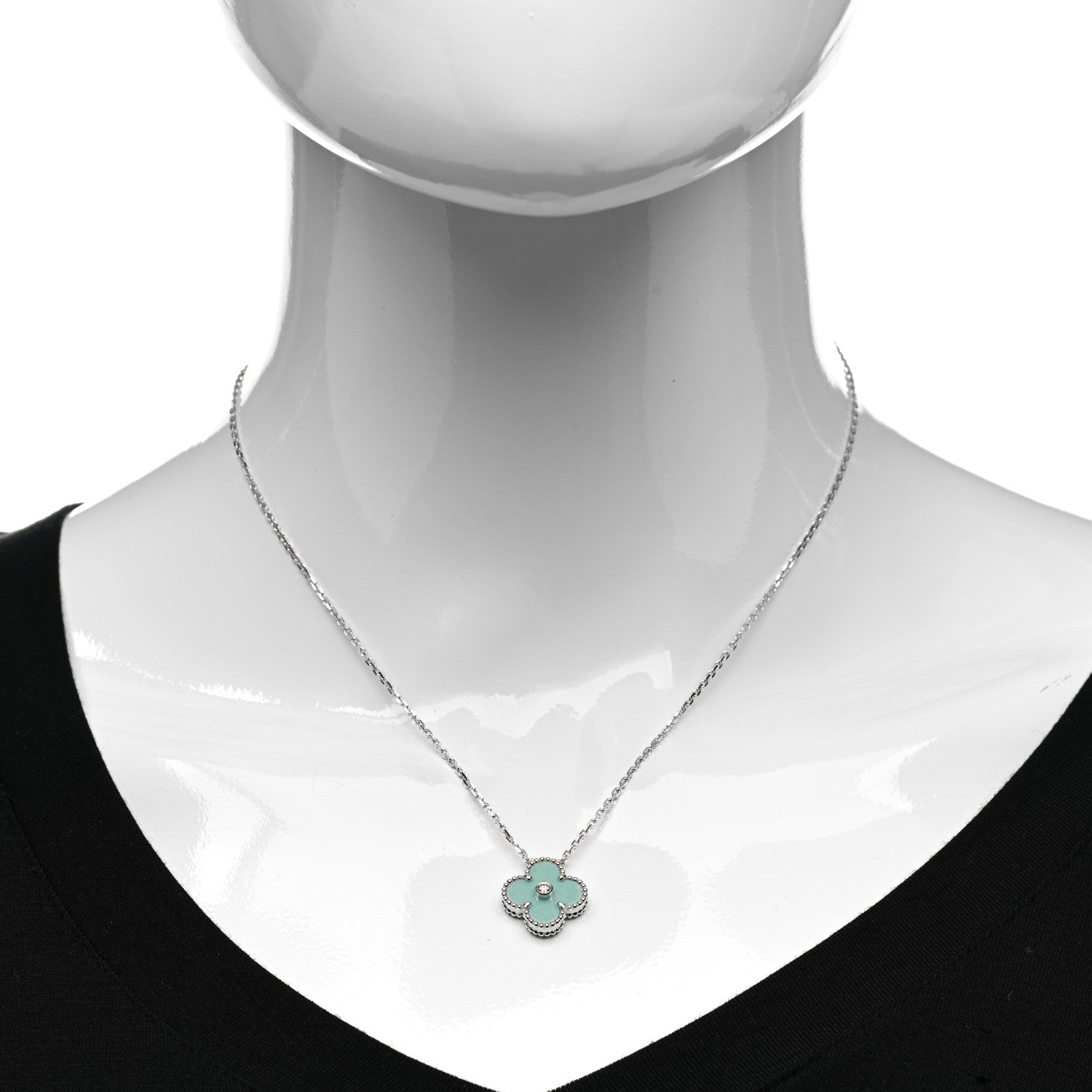 Van Cleef & Arpels 18K White Gold Diamond Celadon Green Sevres Porcelain Vintage Alhambra Pendant Necklace 2 of 5