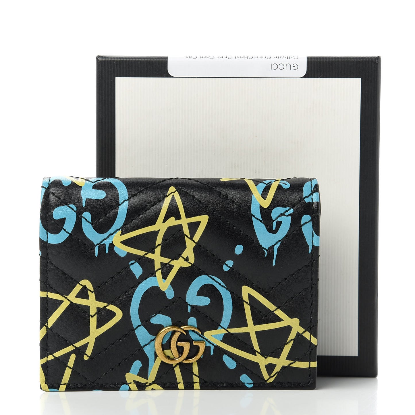 Calfskin Matelasse GucciGhost GG Marmont Card Case Wallet Black New Acquamarine