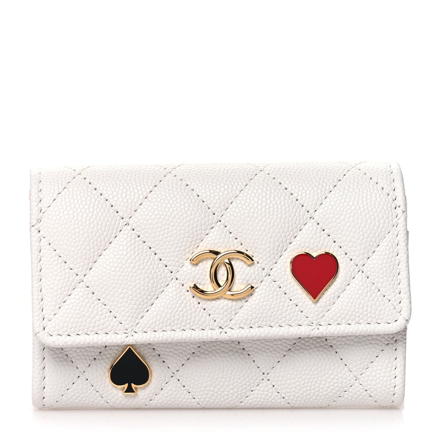 Caviar Quilted Enamel Coco Casino Flap Card Holder Wallet White