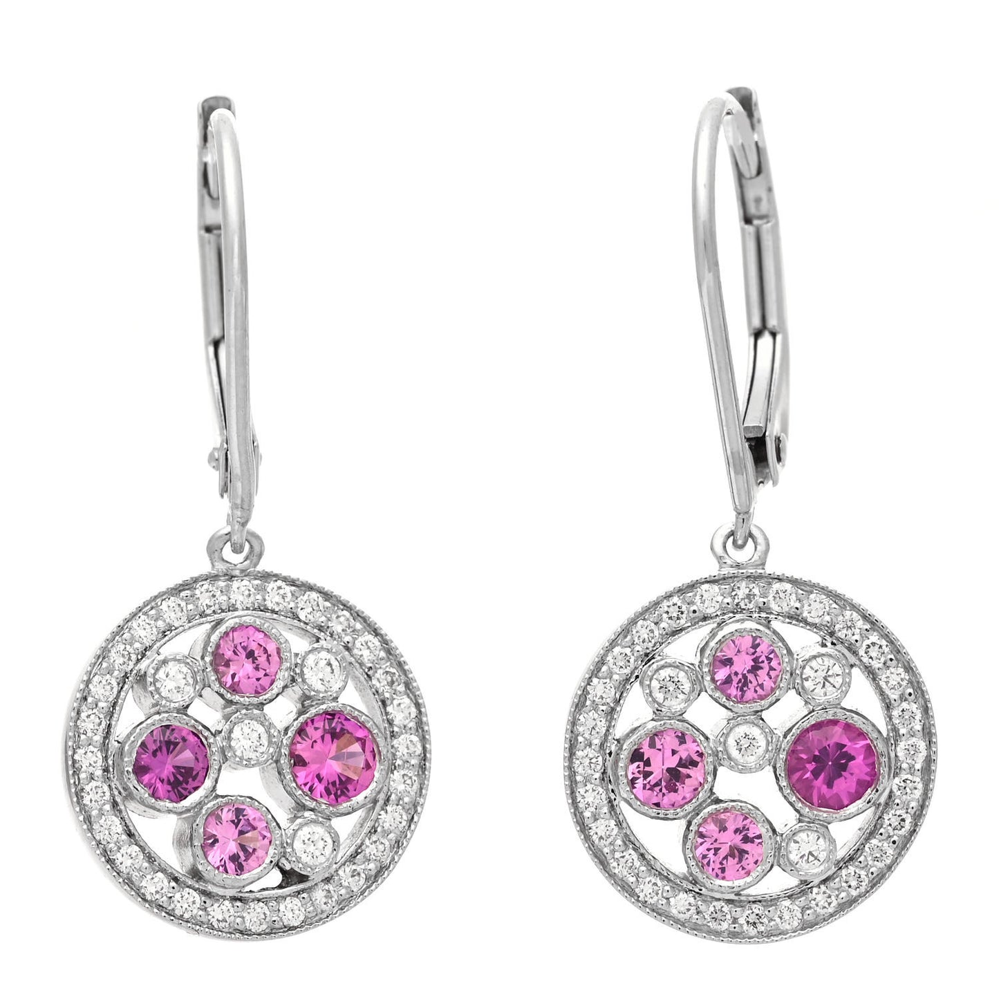 Platinum Diamond Pink Sapphire Cobblestone Drop Earrings