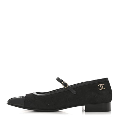 Chanel Suede Kidskin Lambskin Patent Calfskin Cap Toe CC Mary Jane Flats 39.5 Black 1 of 9