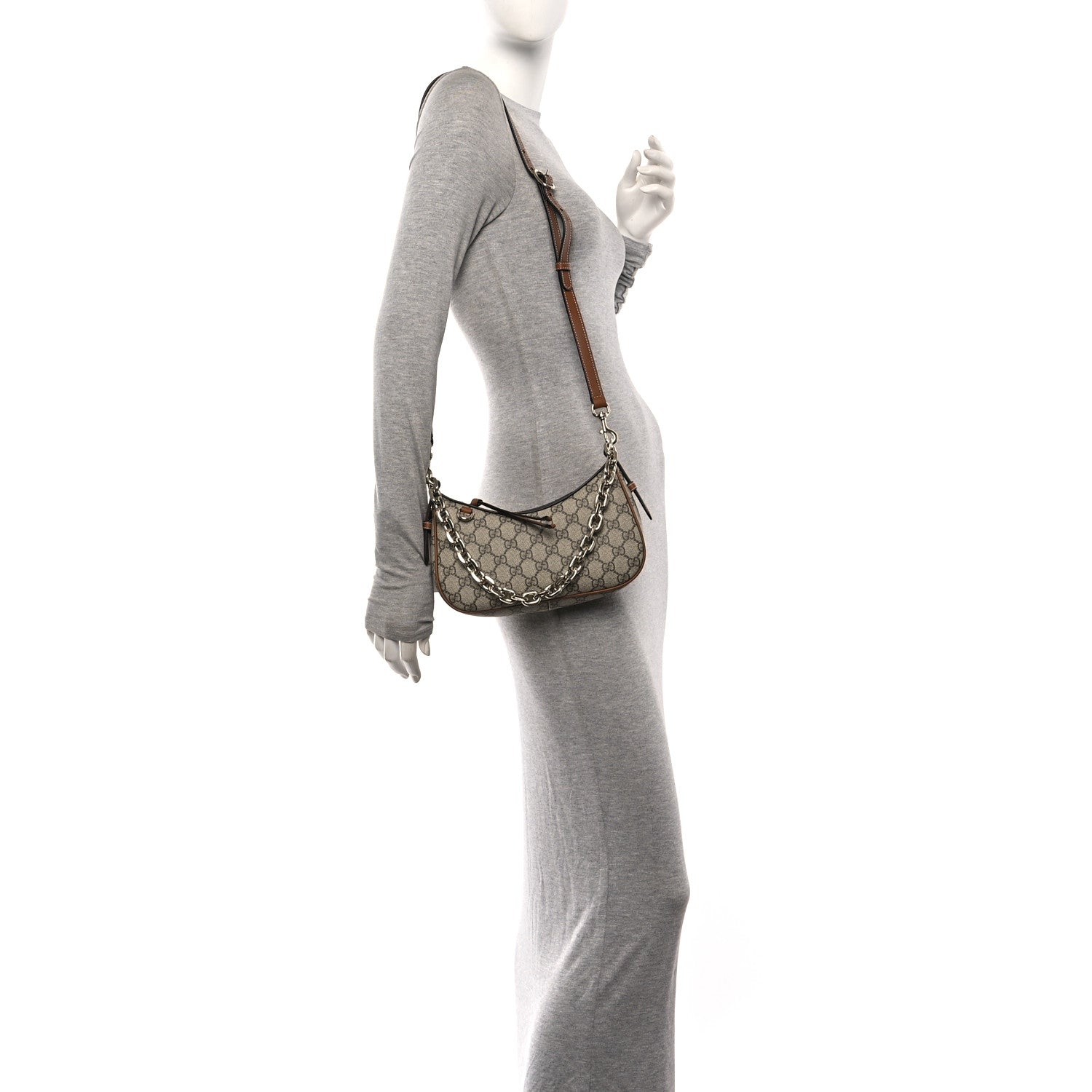Gucci GG Supreme Monogram Textured Calfskin Small Emblem Shoulder Bag Beige Dark Brown 2 of 10