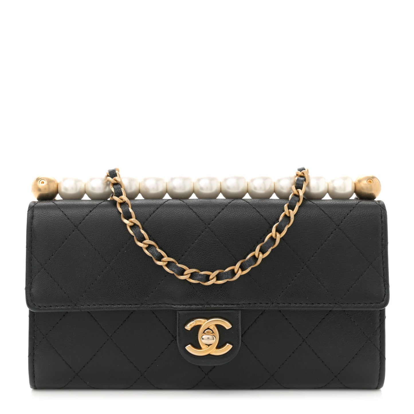 Goatskin Quilted Chic Pearls Clutch With Chain Black