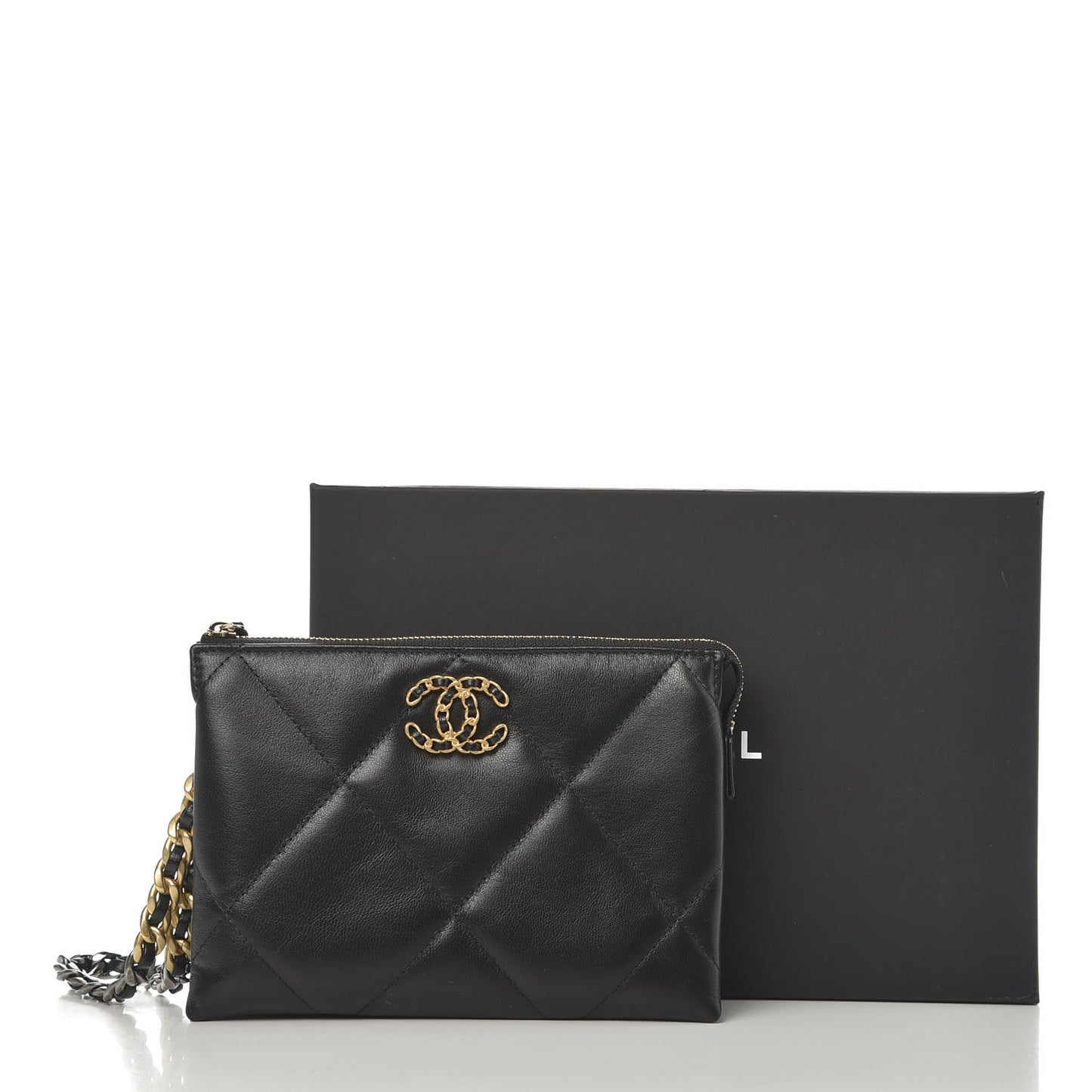 Shiny Goatskin Quilted Small Chanel 19 Pouch With Handle Black
