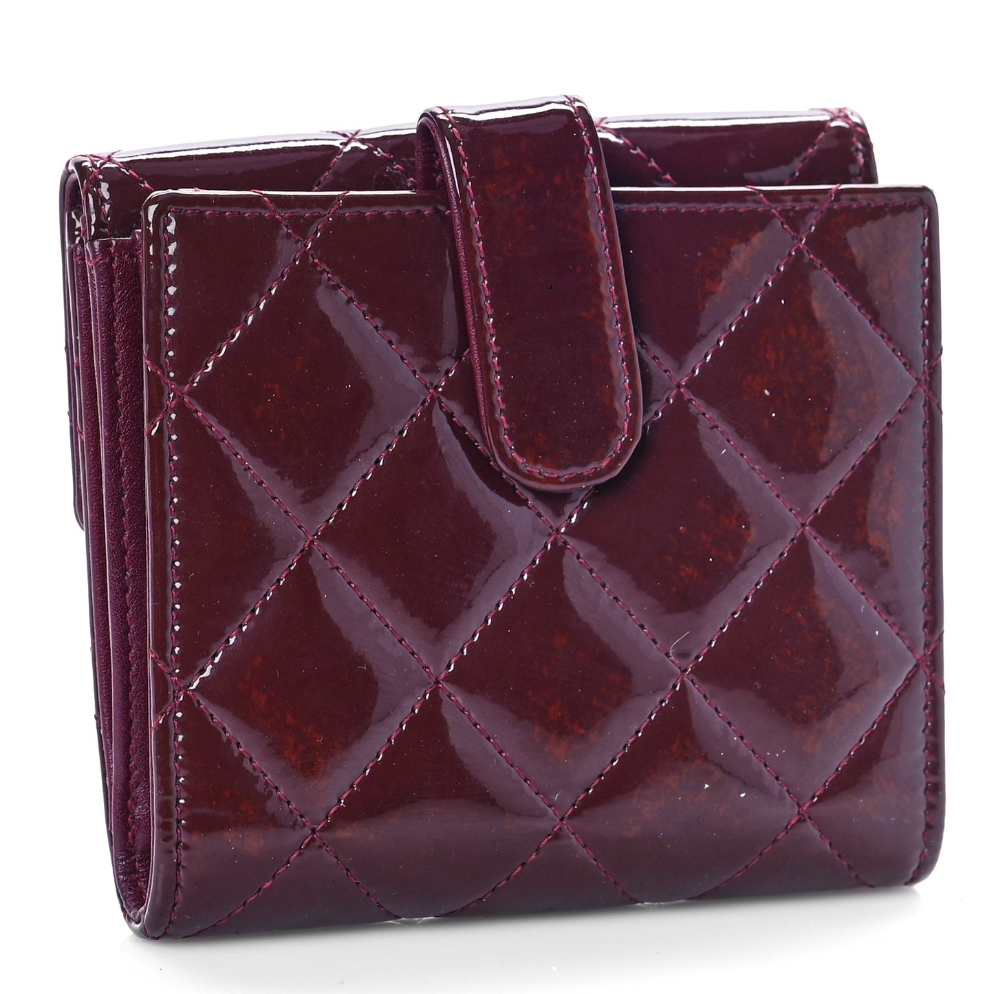 Patent Quilted Compact French Flap Wallet Dark Red
