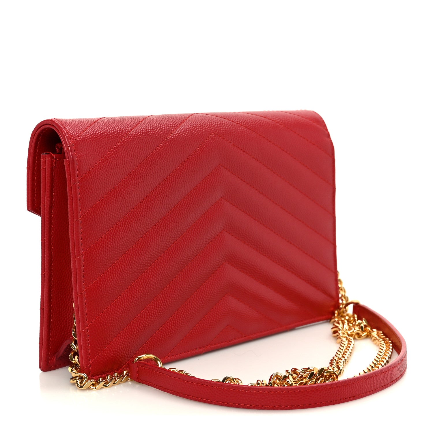 Saint Laurent Grain De Poudre Matelasse Chevron Monogram Envelope Chain Wallet  New Red 2 of 10