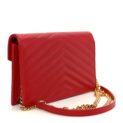 Saint Laurent Grain De Poudre Matelasse Chevron Monogram Envelope Chain Wallet  New Red 2 of 10