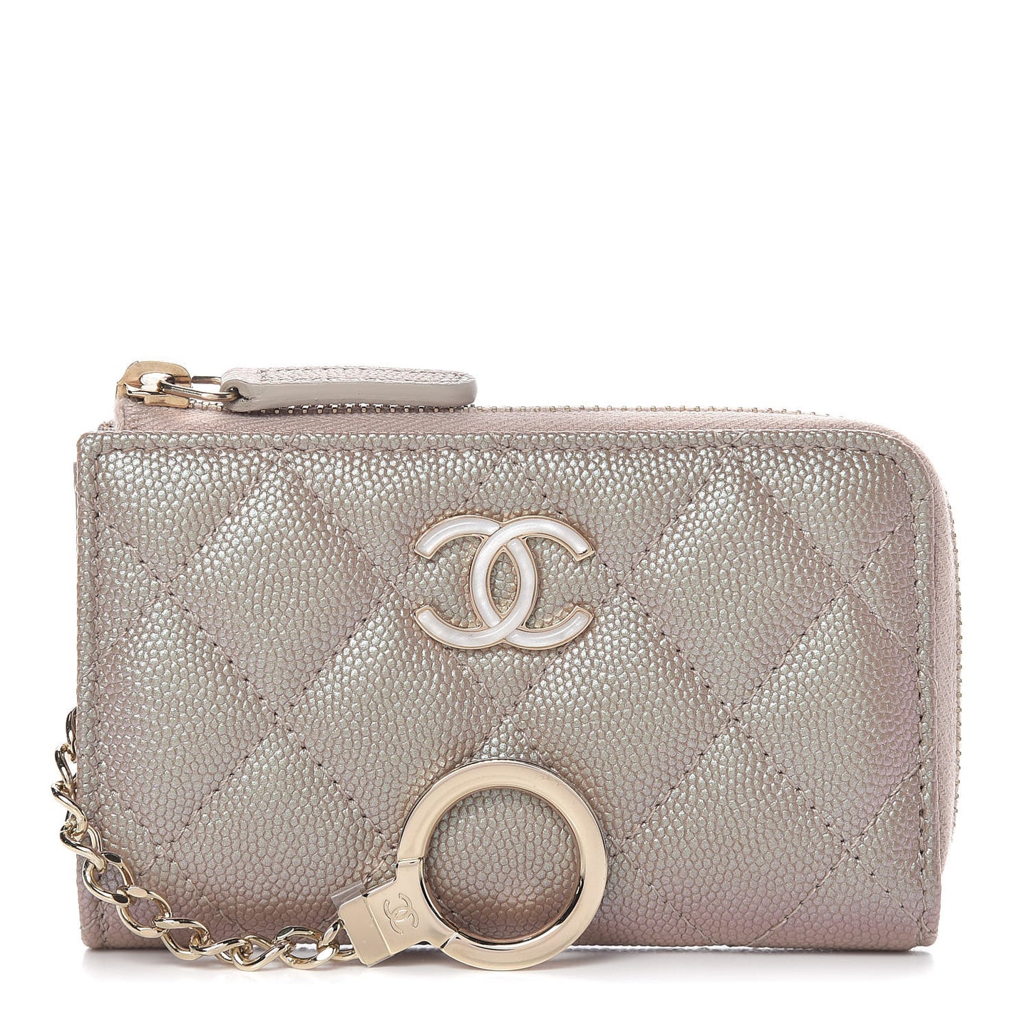 Iridescent Caviar Quilted Key Holder Case Light Gold