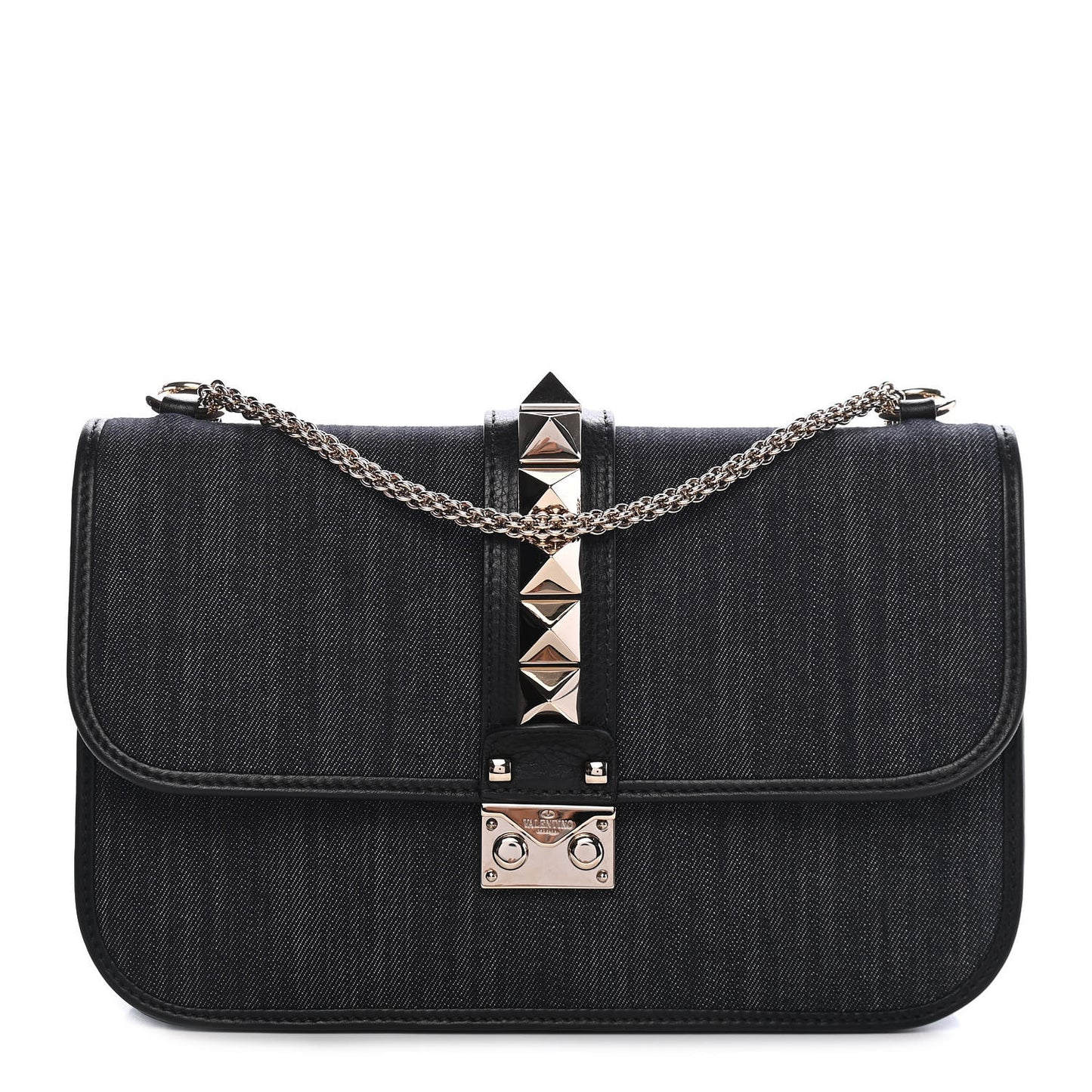 Denim Medium Glam Lock Rockstud Flap Deep Denim