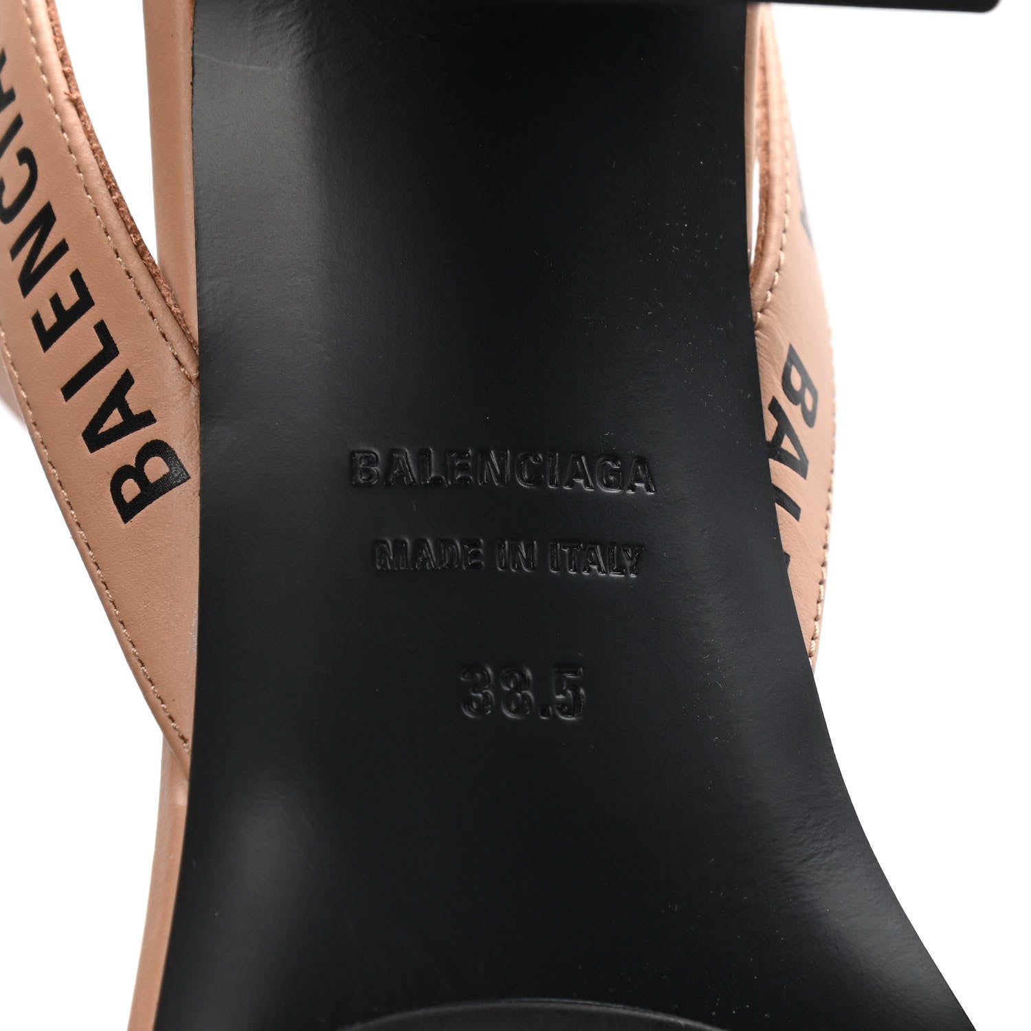 Balenciaga Smooth Calfskin Allover Logo Ankle Strap Round Heel 80mm Sandals 38.5 Beige Black 8 of 10
