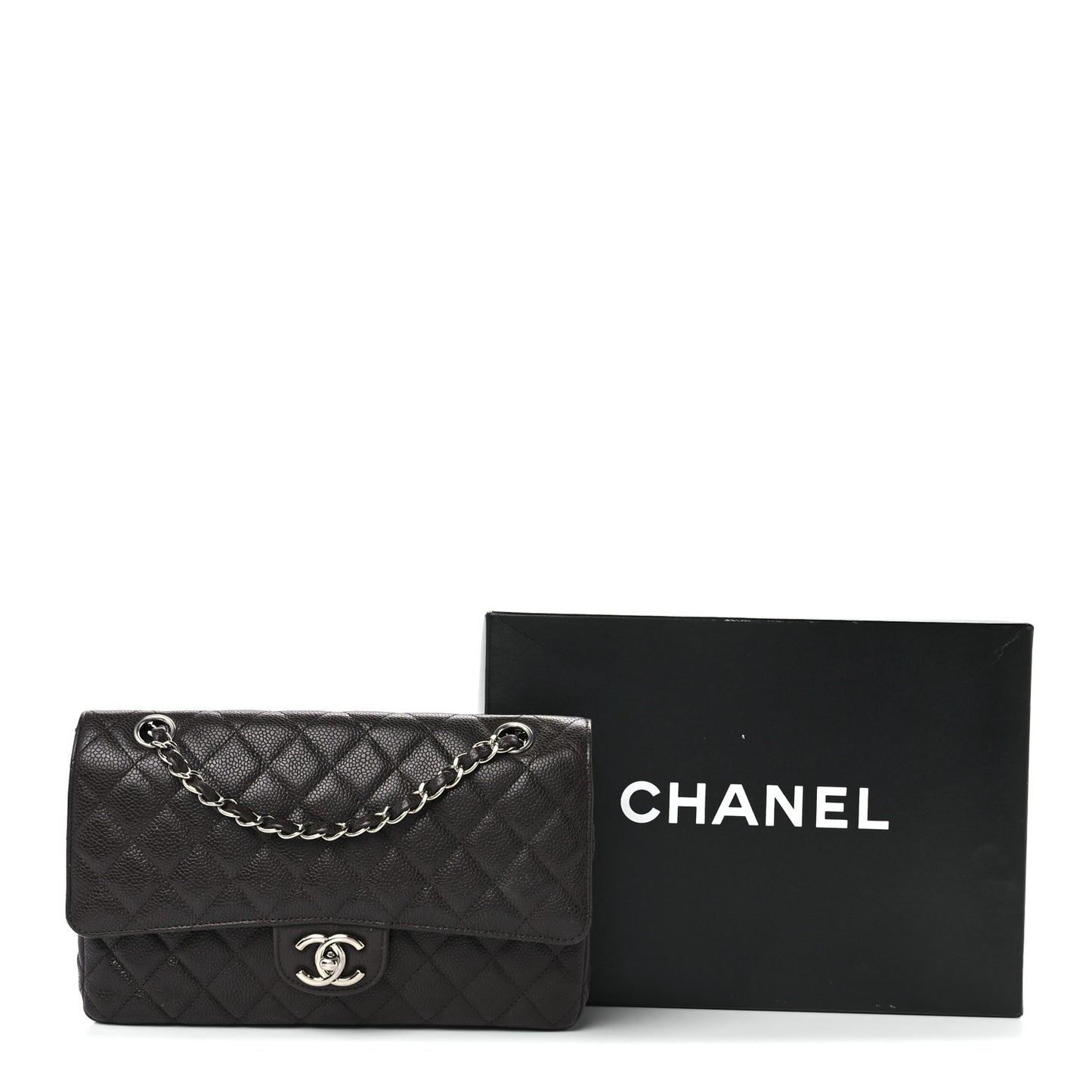 Caviar Quilted Medium Double Flap Dark Brown