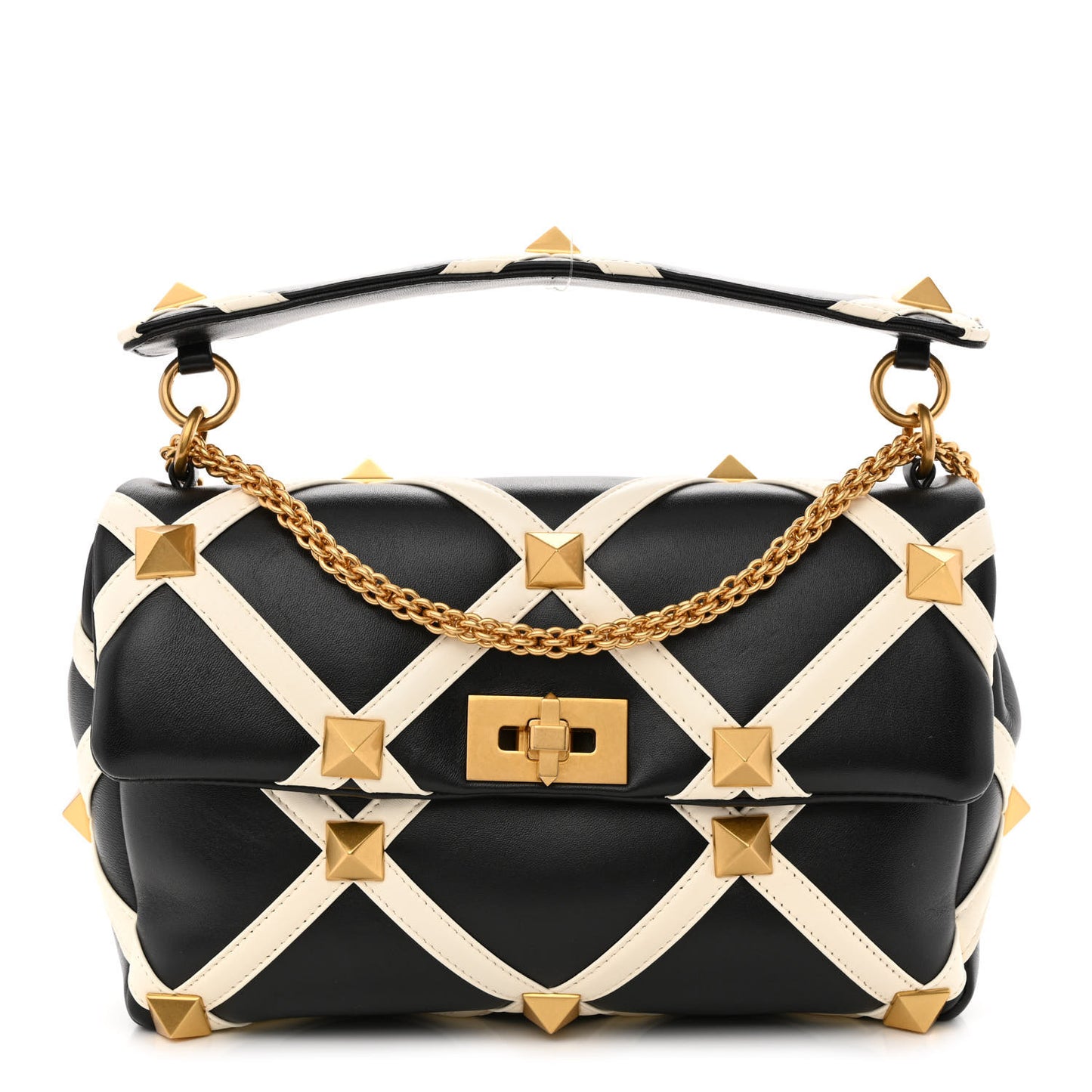 Nappa Large Roman Stud Shoulder Bag Black White