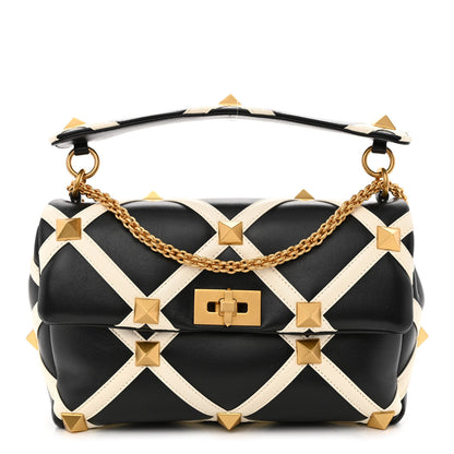 Valentino Garavani Nappa Large Roman Stud Shoulder Bag Black White 1 of 9