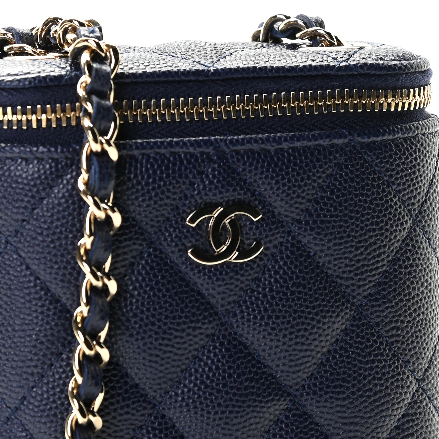 Caviar Quilted Small Vertical Coco Beauty Vanity Case With Chain Navy