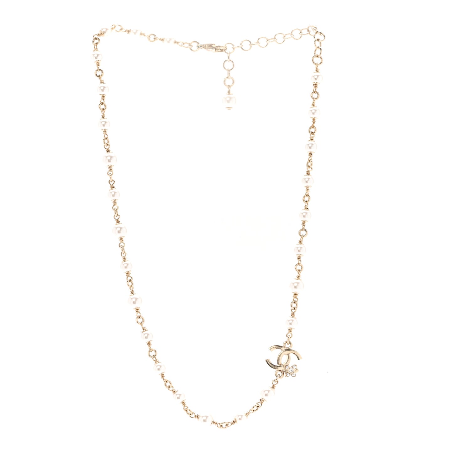 Pearl Crystal CC Flower Necklace Pearly White Light Gold