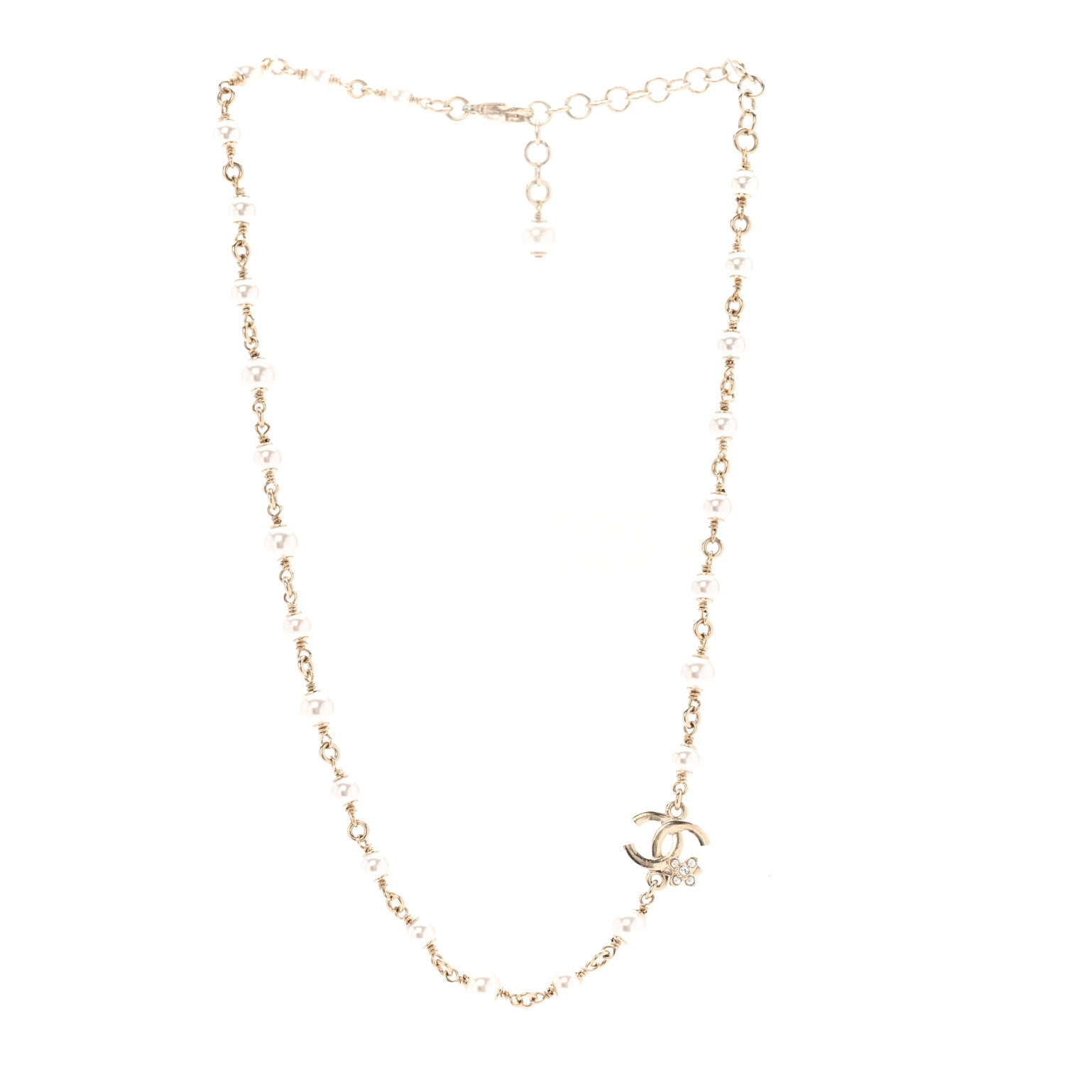 Chanel Pearl Crystal CC Flower Necklace Pearly White Light Gold 3 of 5
