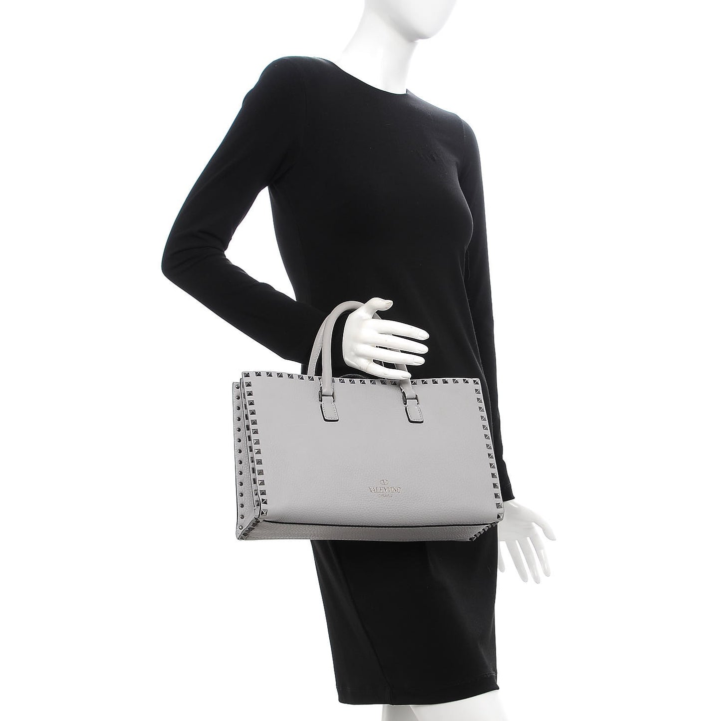 Grained Calfskin Medium Rockstud Double Handle Horizontal Tote Pastel Grey