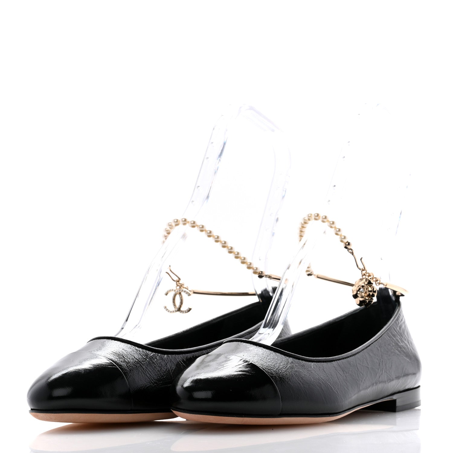 Chanel Lambskin Patent Calfskin Cap Toe Ankle Chain Ballerina Flats 38 Black 3 of 10