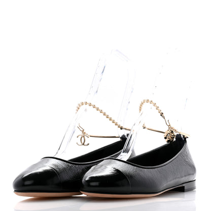 Chanel Lambskin Patent Calfskin Cap Toe Ankle Chain Ballerina Flats 38 Black 3 of 10