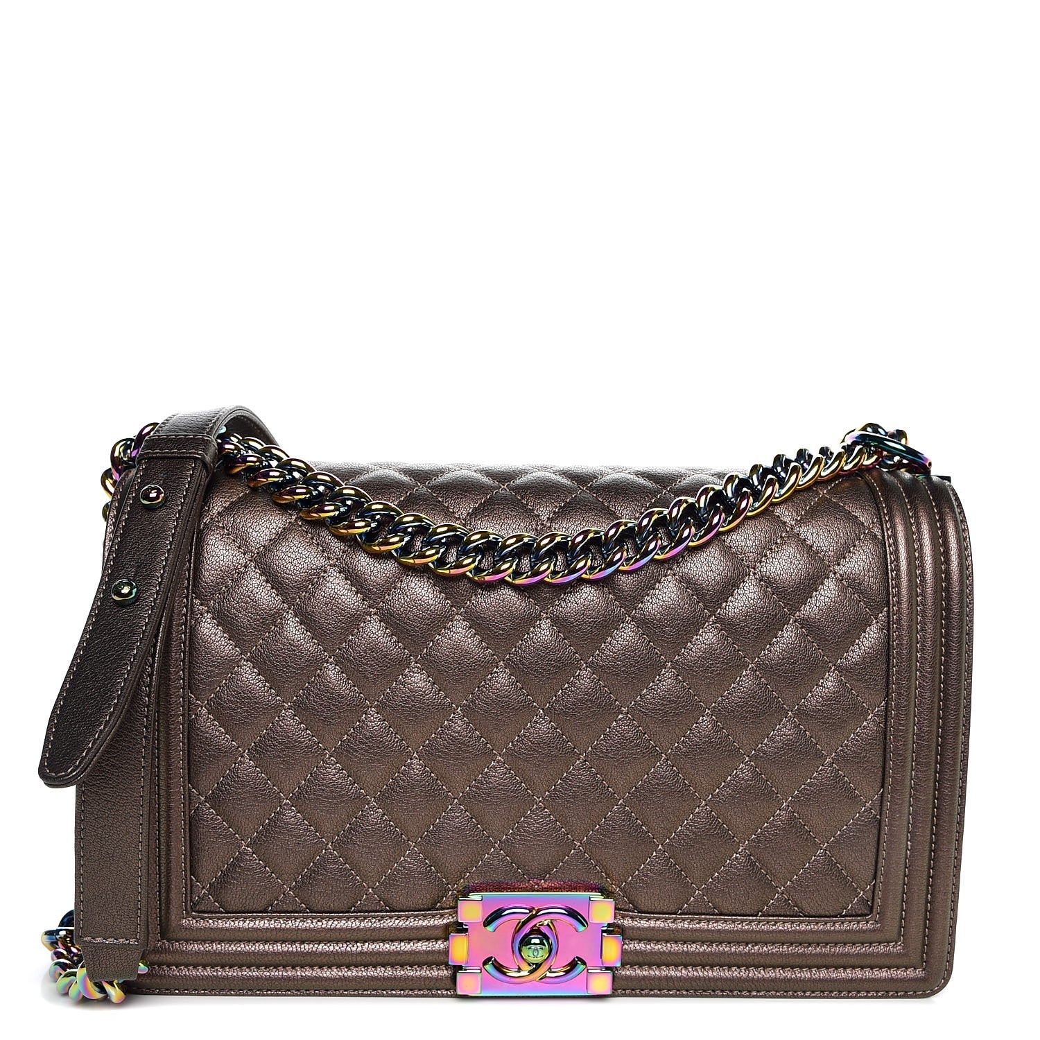 Chanel Iridescent Goatskin Quilted New Medium Boy Flap Dark Gold 1 of 7