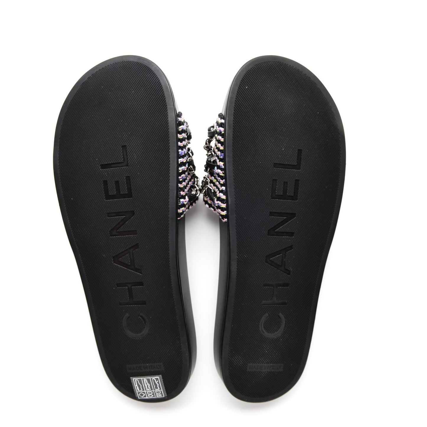 Tweed Lambskin Chain Flat Sandals 39 Black Multicolor