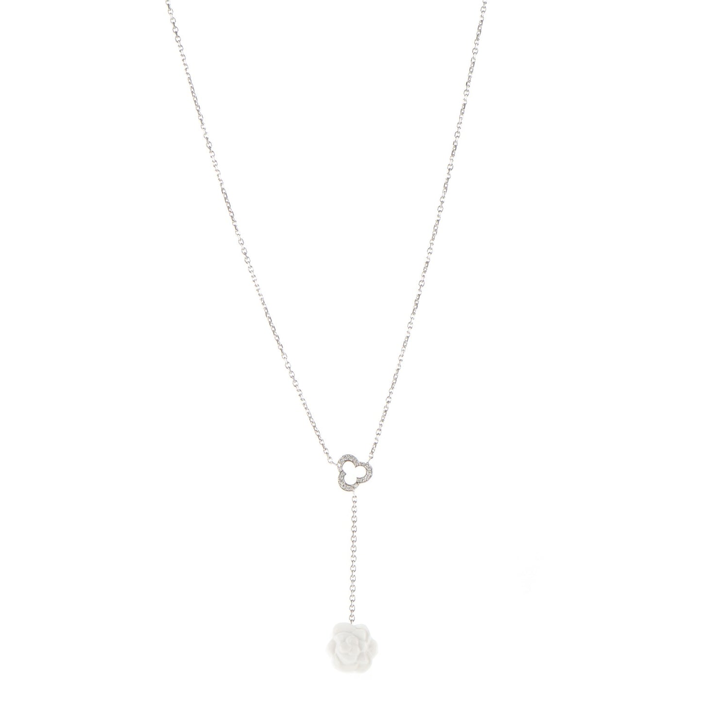 18K White Gold Diamond Agate Camelia Sculpte Pendant Necklace