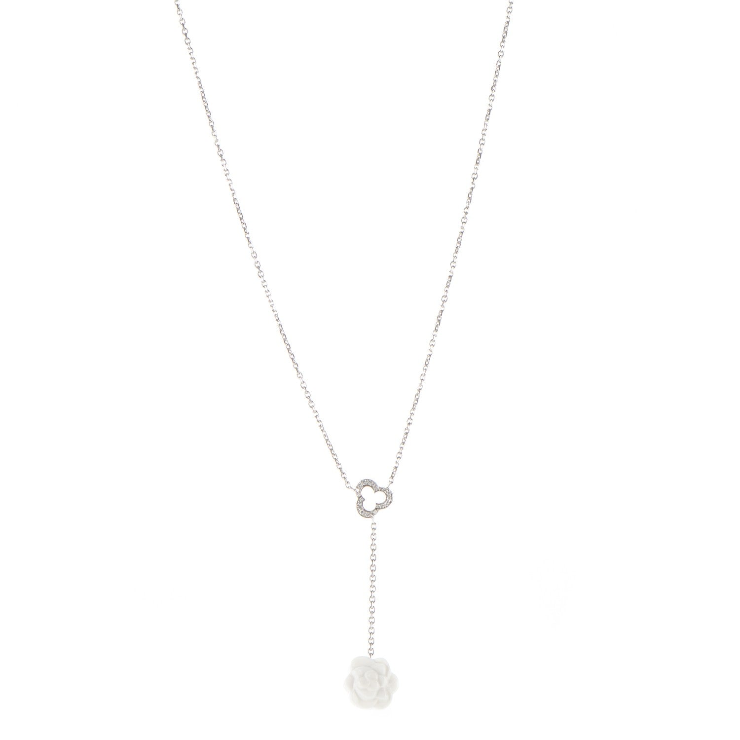 Chanel 18K White Gold Diamond Agate Camelia Sculpte Pendant Necklace 1 of 5