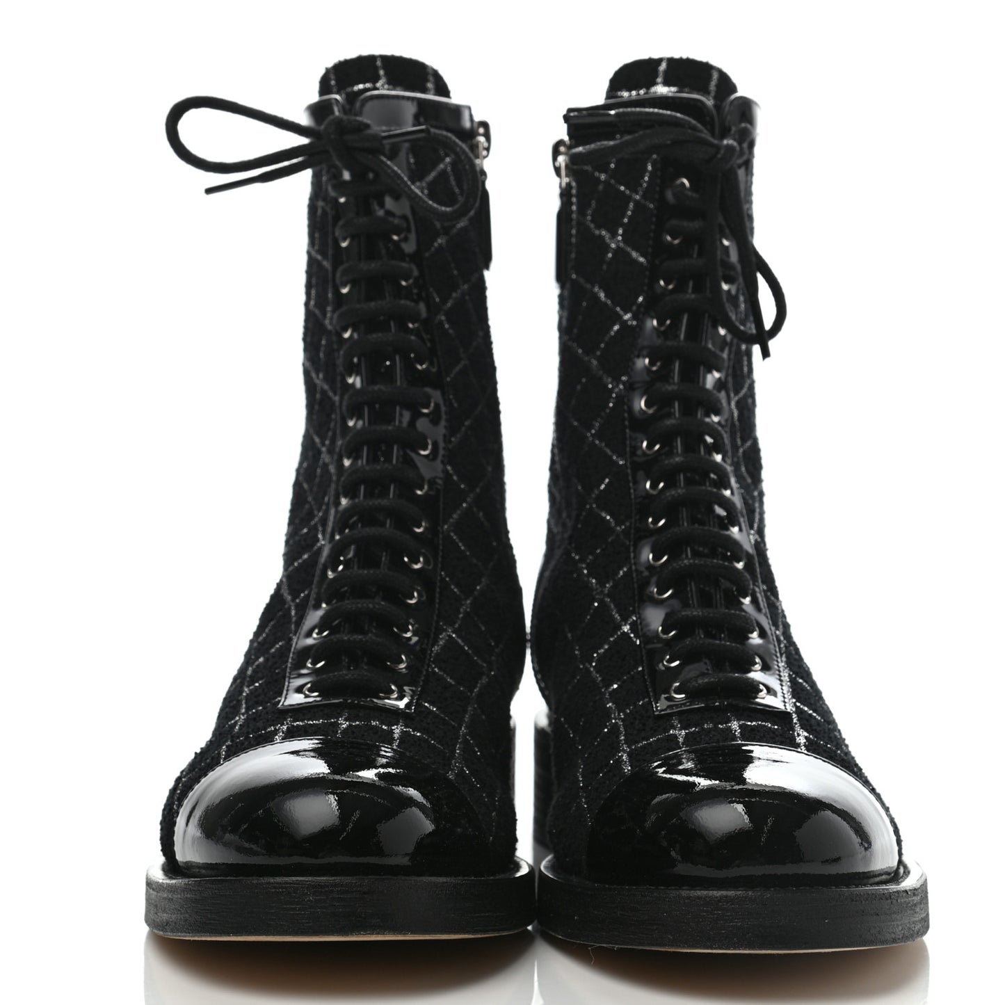 Tweed Patent Calfskin Cap Toe CC Lace Up Boots 40 Black Silver