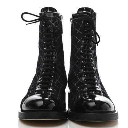 Chanel Tweed Patent Calfskin Cap Toe CC Lace Up Boots 40 Black Silver 2 of 7