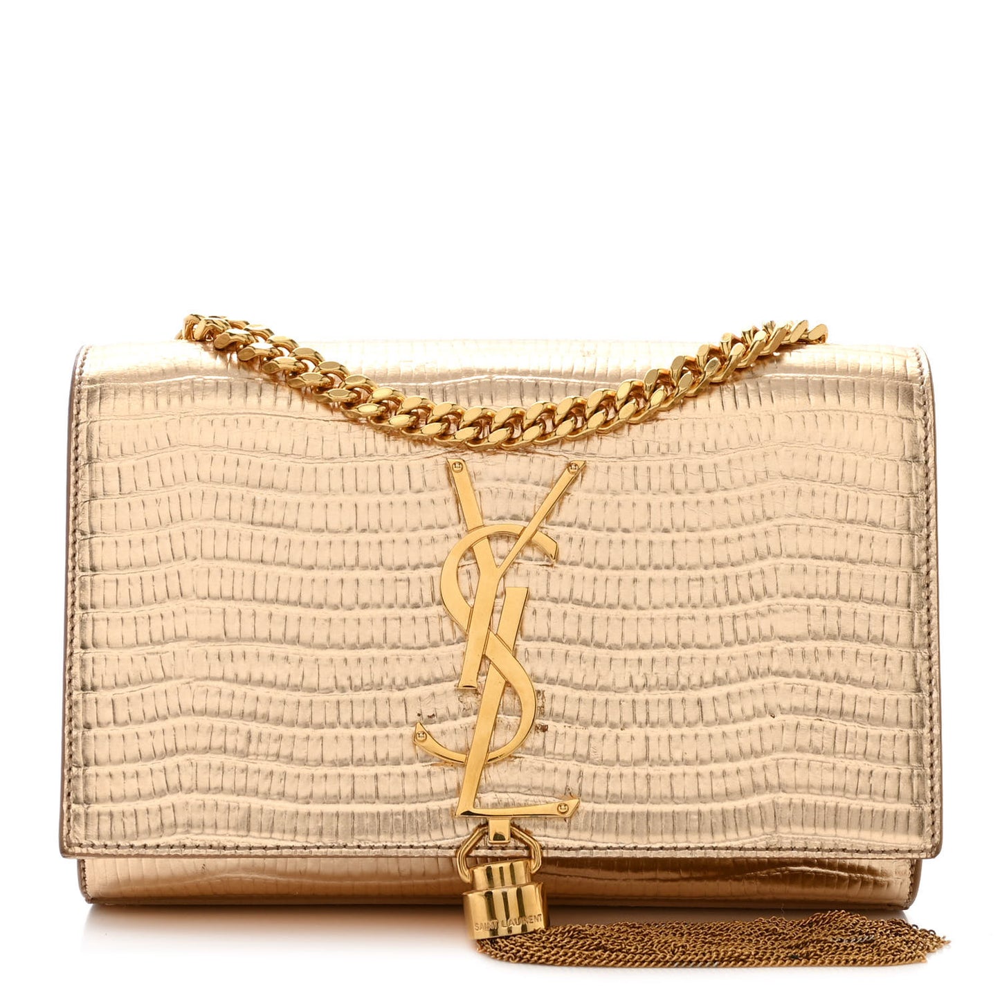 Metallic Calfskin Crocodile Embossed Small Classic Monogram Kate Tassel Satchel Gold