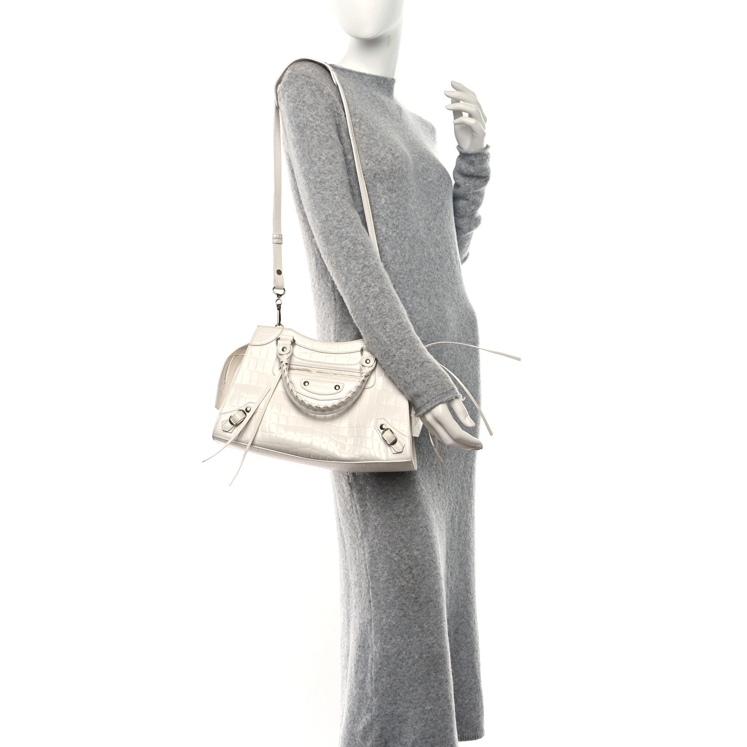 Balenciaga Semi Shiny Calfskin Crocodile Embossed Neo Classic Silver Hardware S City White 2 of 14