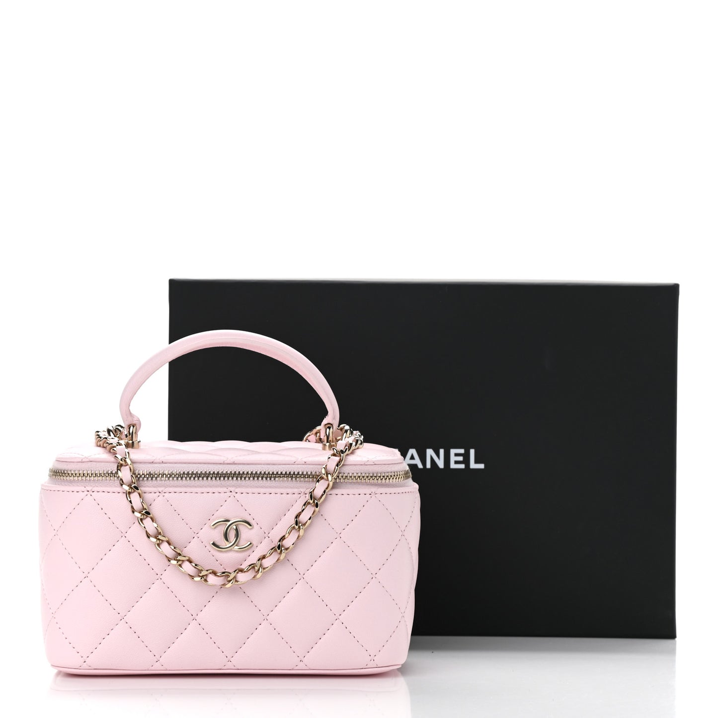 Lambskin Quilted Small Top Handle Vanity Case With Chain Light Pink