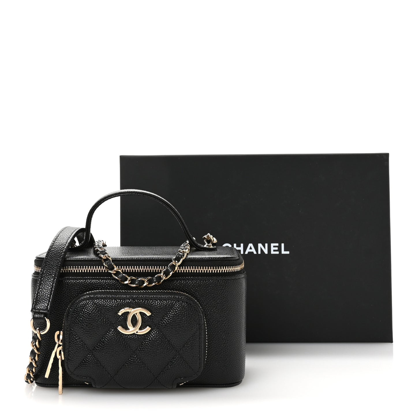 Caviar Quilted Top Handle Pocket Vanity Case Black