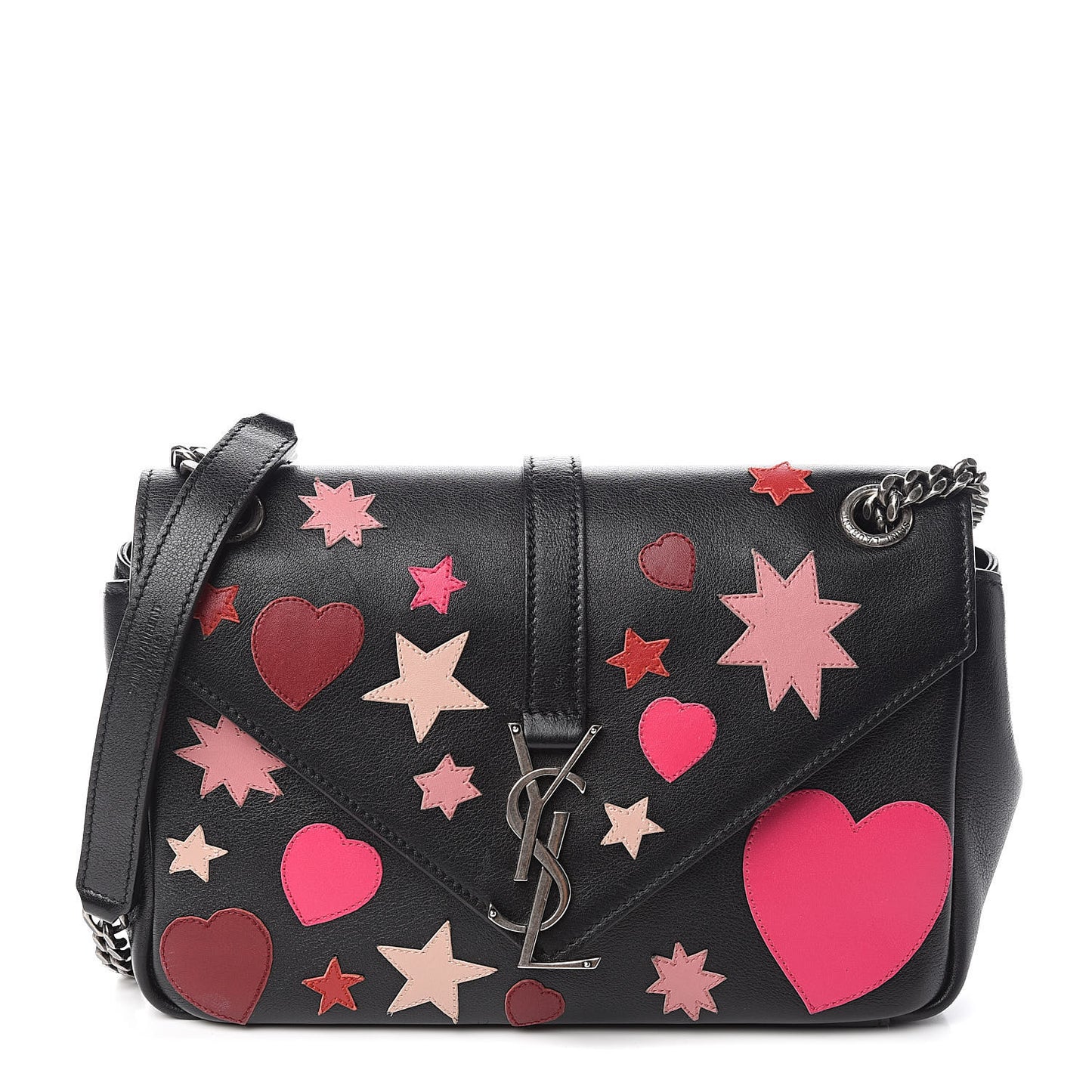 Calfskin Medium Heart Patchwork Monogram Chain Wallet Black