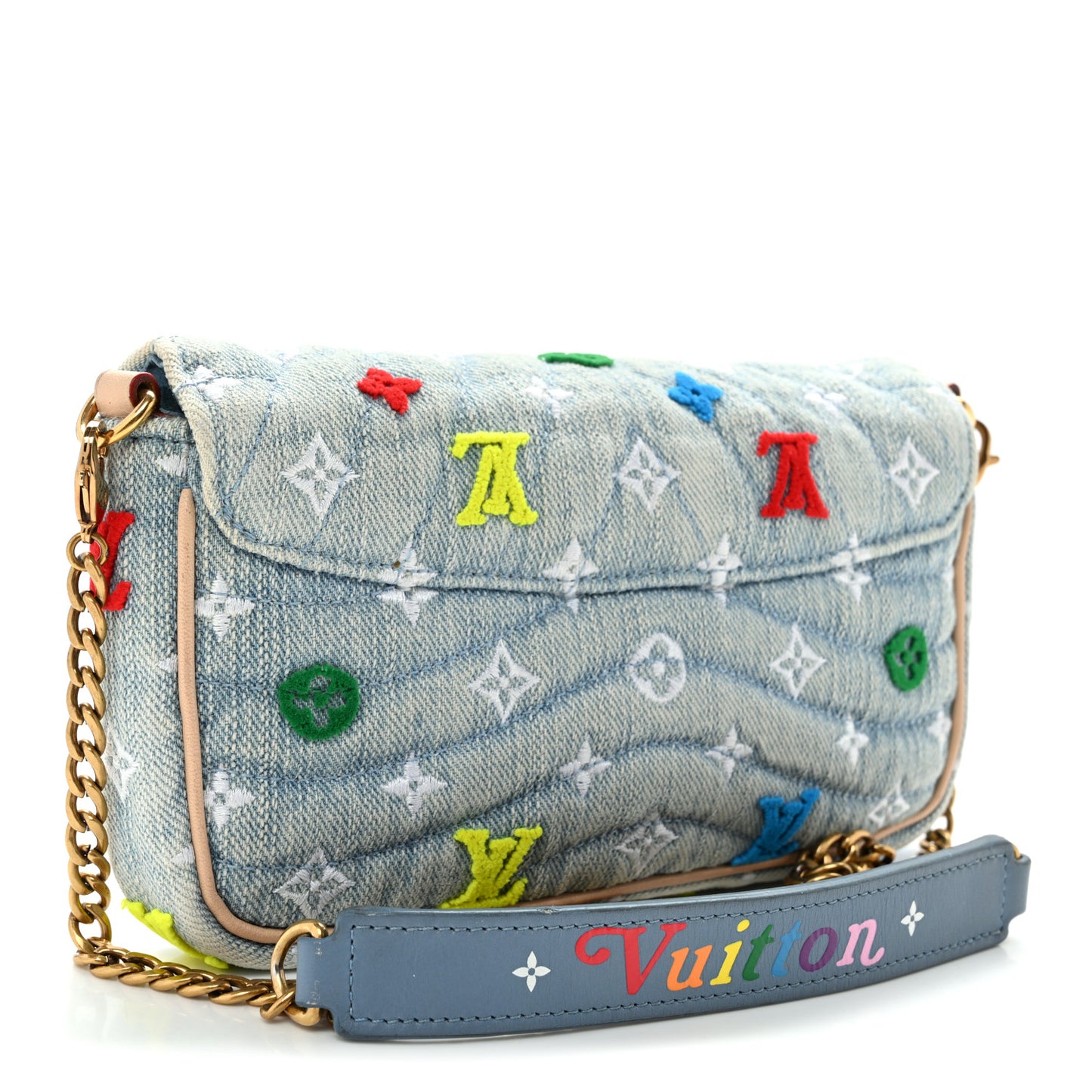 Embroidered Monogram Denim New Wave Chain Pochette Blue