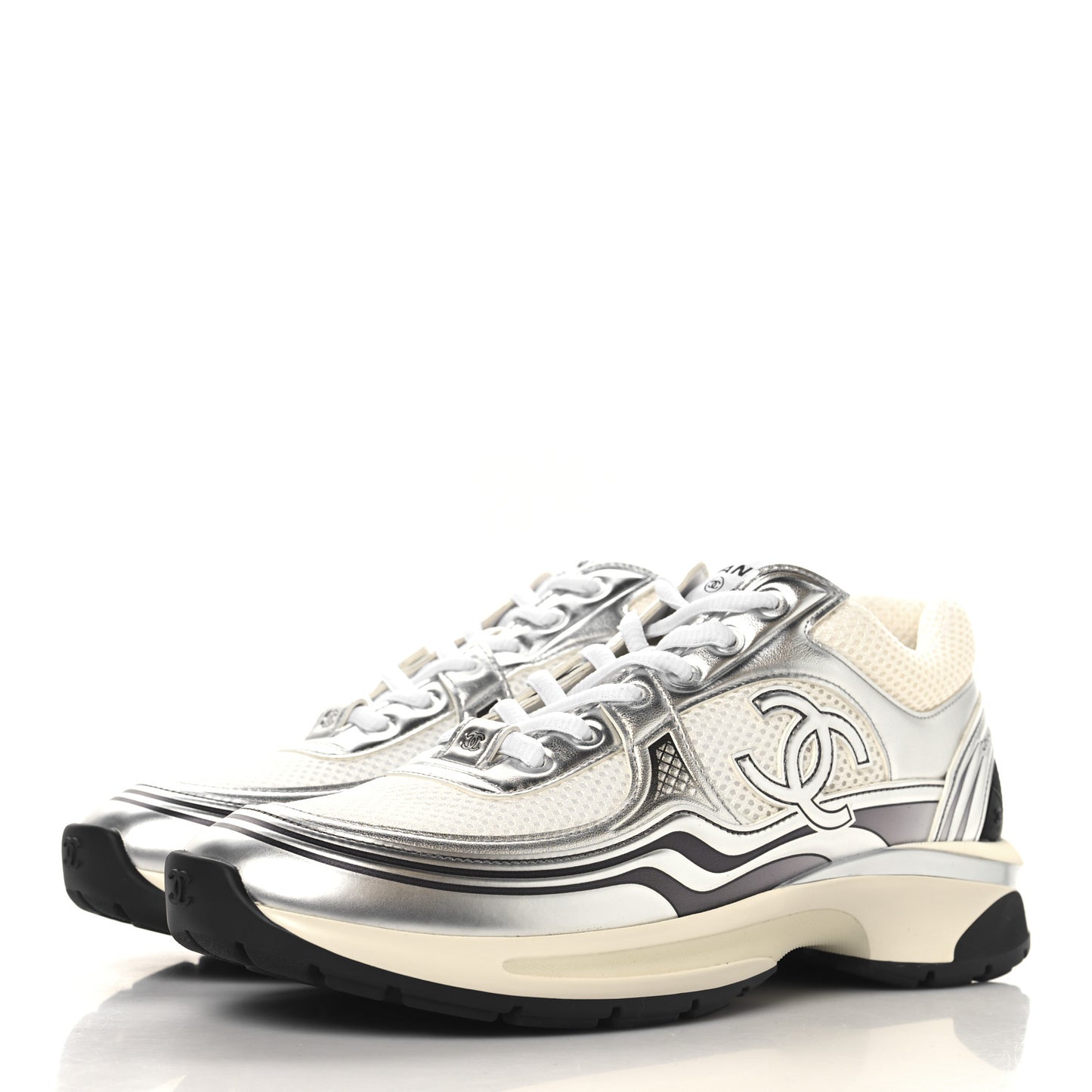 Fabric Laminated Calfskin Stretch CC Womens Sneakers 39.5 White Silver