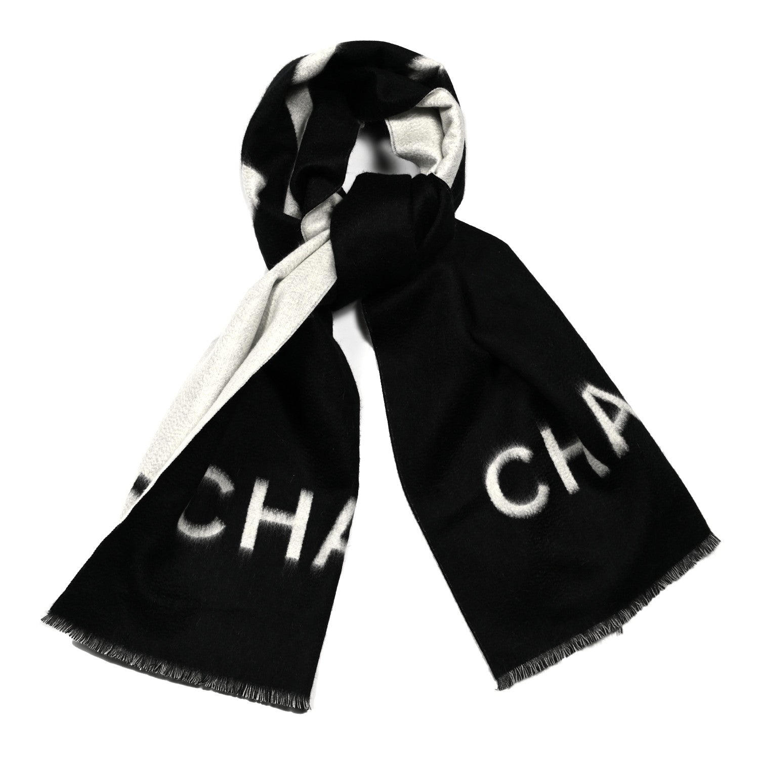 Chanel Cashmere CC Fringe Stole Black White 1 of 3