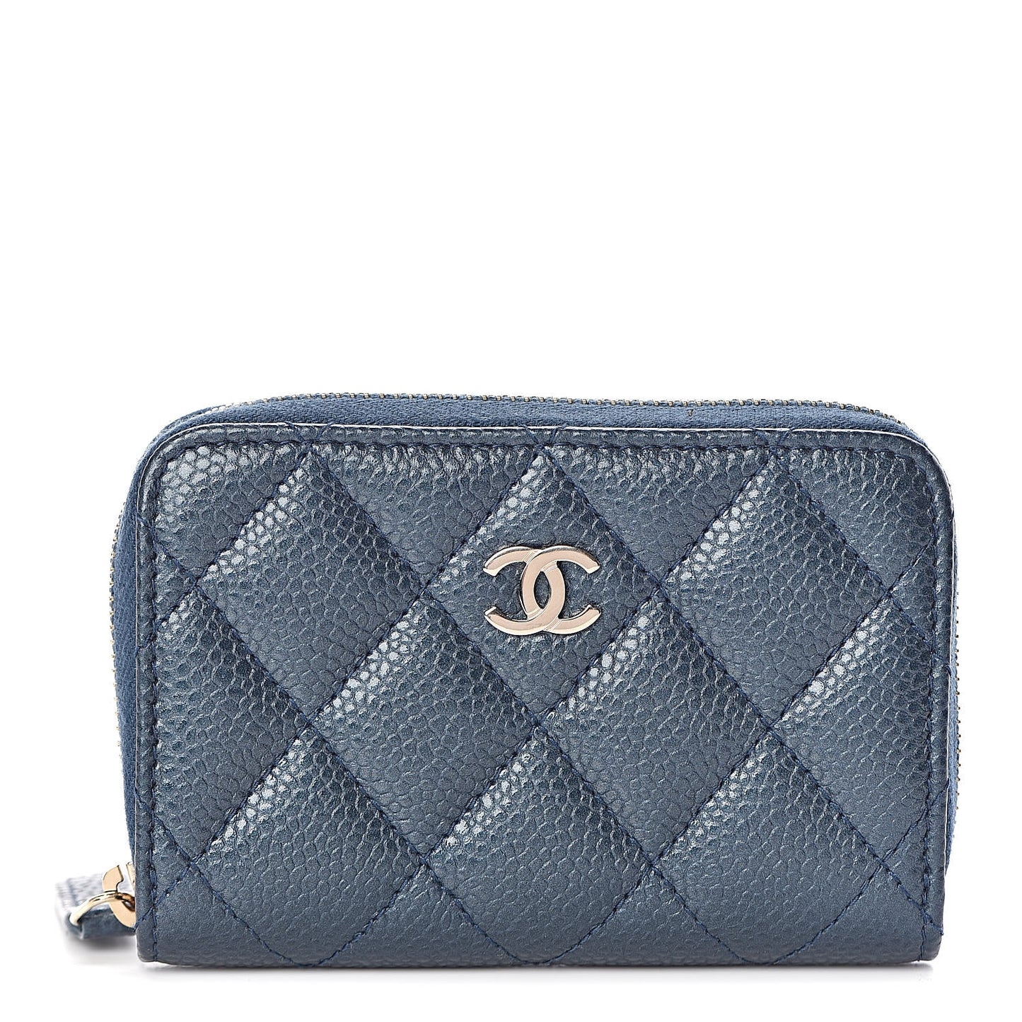 Metallic Caviar Quilted Zip Coin Purse Dark Blue