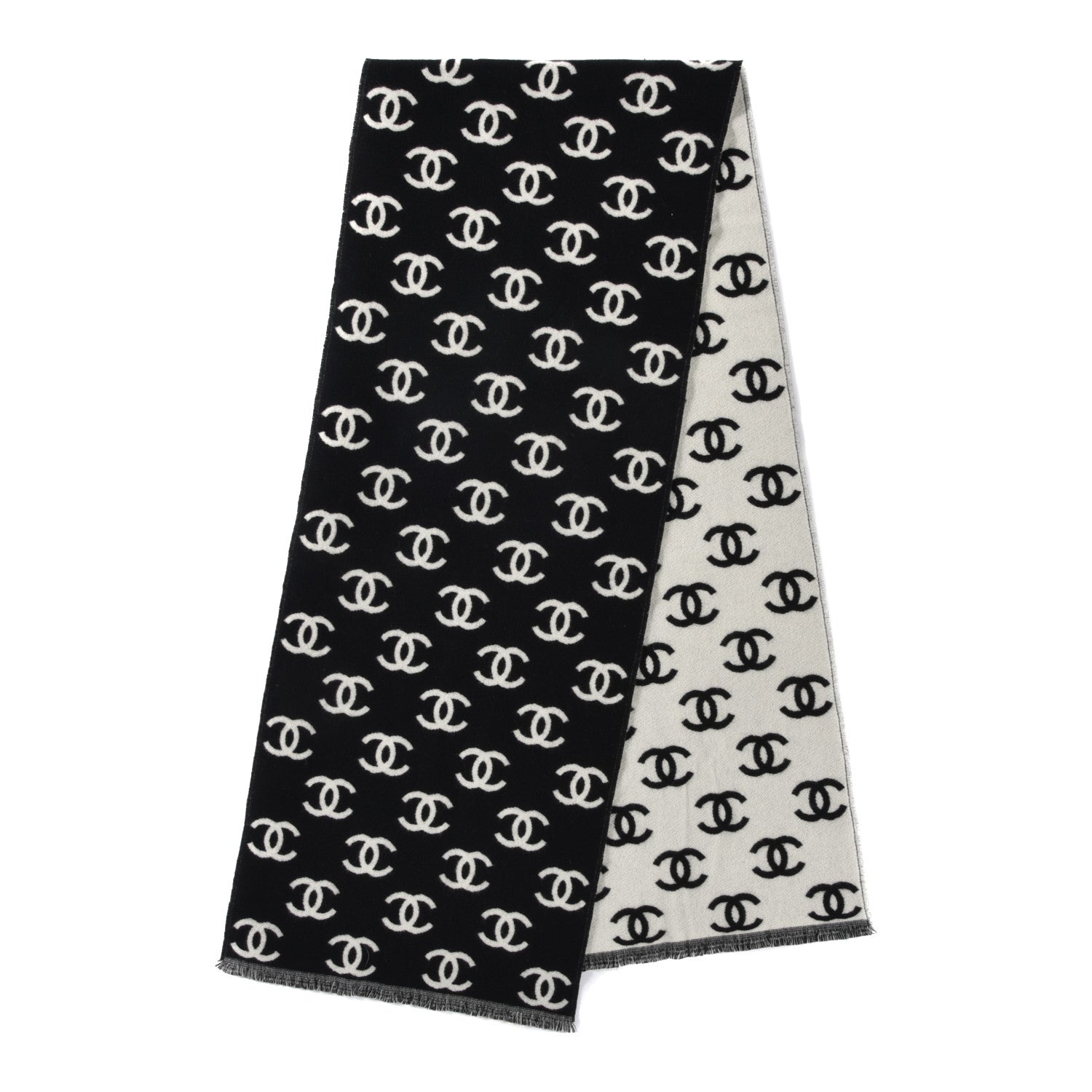 Chanel Wool Cashmere CC Scarf Black White 2 of 4