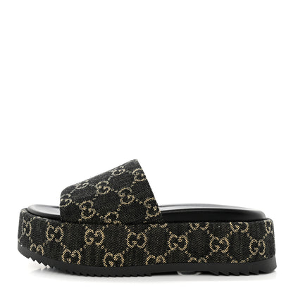 Gucci Jacquard Black Denim GG Monogram Angelina Platform 55mm Slide Sandals 36.5 Black Ivory 1 of 9